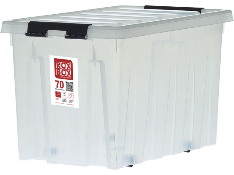 Контейнер Rox Box Original 70 (580х390х350 мм с крышкой и клипсами, на роликах, прозрачный) купить в Новосибирске