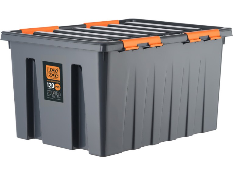 Контейнер особопрочный Rox Box PRO 120 (740х565х400 мм с крышкой и клипсами, на роликах, антрацит) купить в Новосибирске