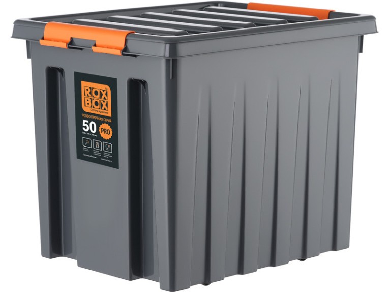 Контейнер особопрочный Rox Box PRO 50 (500х390х390 мм с крышкой и клипсами, на роликах, антрацит) купить в Новосибирске